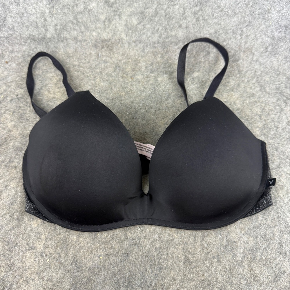 Victoria's Secret Black Shimmer Lace Padded No Wire Bra 34D Plunge Adjustable